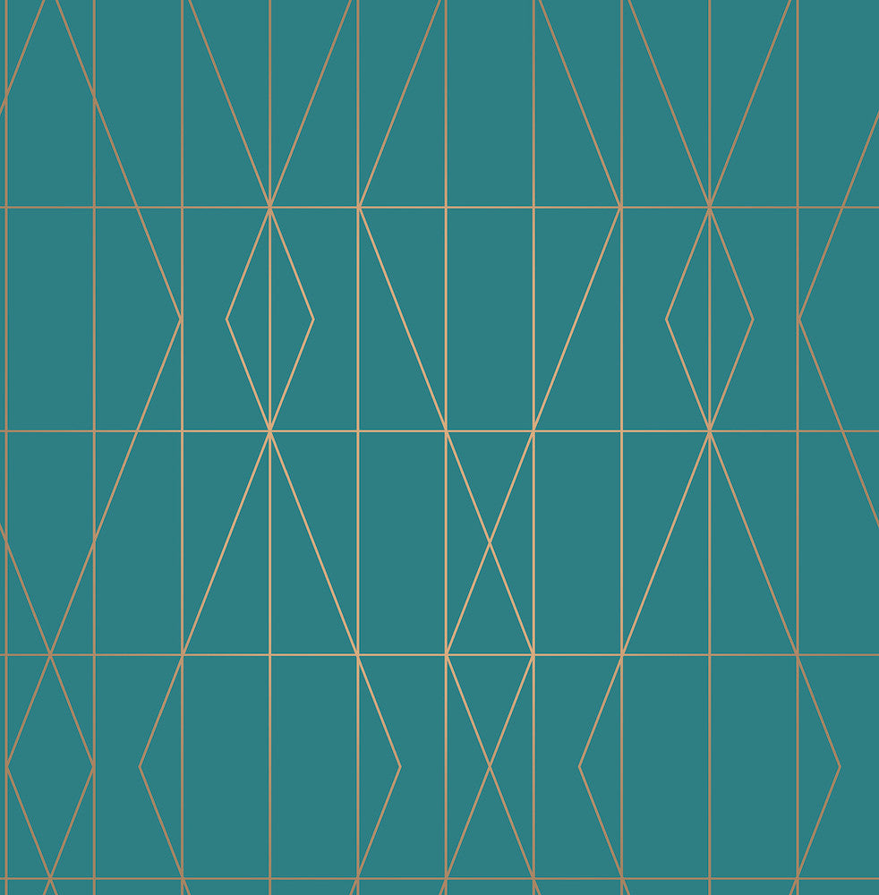 LeVeque Teal Deco Diamond Geo Wallpaper by Brewster Designer Brewster Essentials Covers about 56.4 square feet 20.5-in by 33-ft long roll Unpasted 20.9 - Swanky Fabrics -