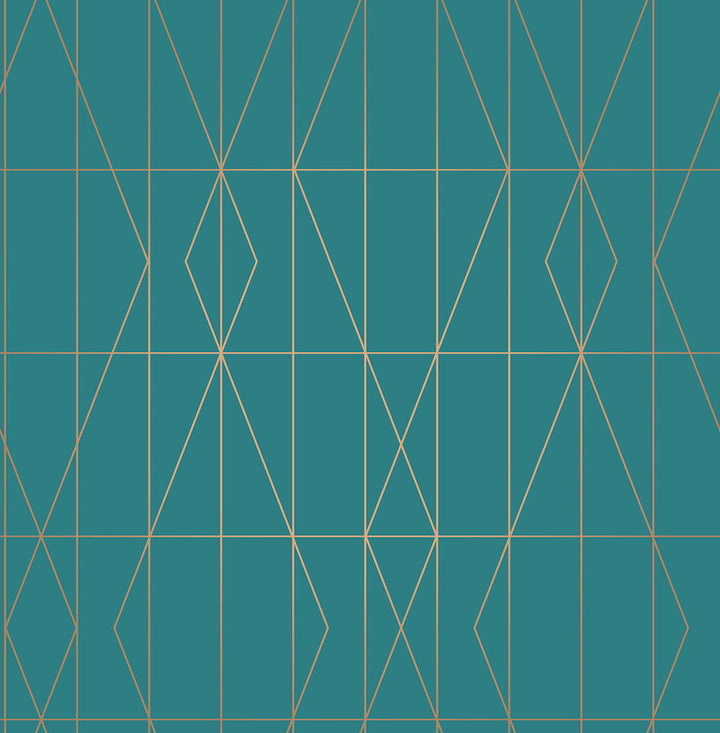 LeVeque Teal Deco Diamond Geo Wallpaper by Brewster Designer Brewster Essentials Covers about 56.4 square feet 20.5-in by 33-ft long roll Unpasted 20.9 - Swanky Fabrics -