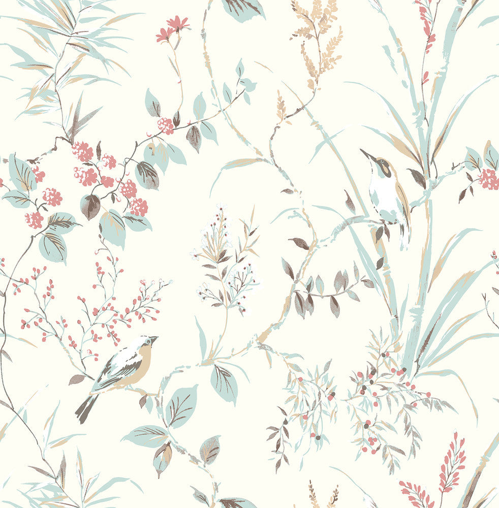 Mariko Blue Botanical Wallpaper by Brewster Designer Brewster Essentials Covers about 56.4 square feet 20.5-in by 33-ft long roll Unpasted 20.9 - Swanky Fabrics -