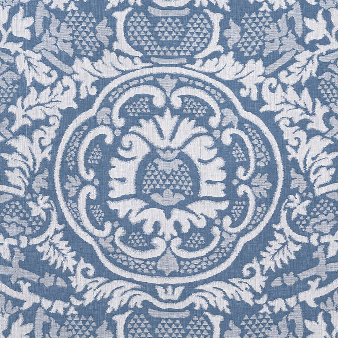 Earl Damask Blue W710837 by Thibaut Fabric Thibaut Fabric Earl Damask Blue W710837Fabric Heritage Fabric Book 100% Linen INDIA </p><p>Repeat: V: 24.5 54 - Fabric Carolina -