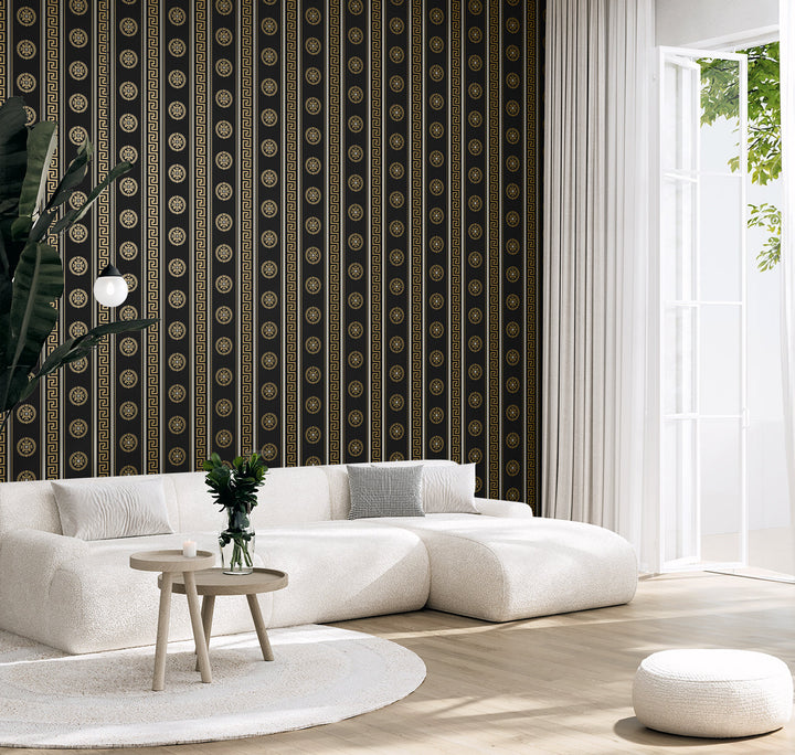 Classico Medallion Stripe Black & Metallic Gold WH40106 by Seabrook Designs Designer Wallpaper