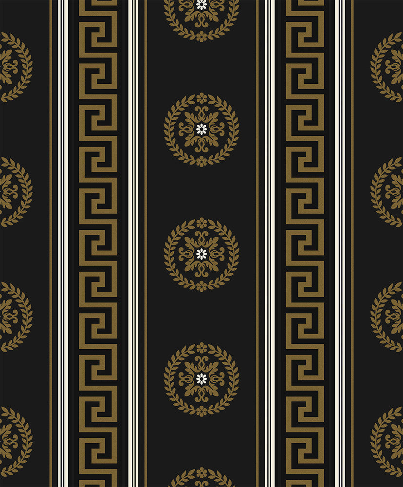 Classico Medallion Stripe Black & Metallic Gold WH40106 by Seabrook Designs Designer Wallpaper