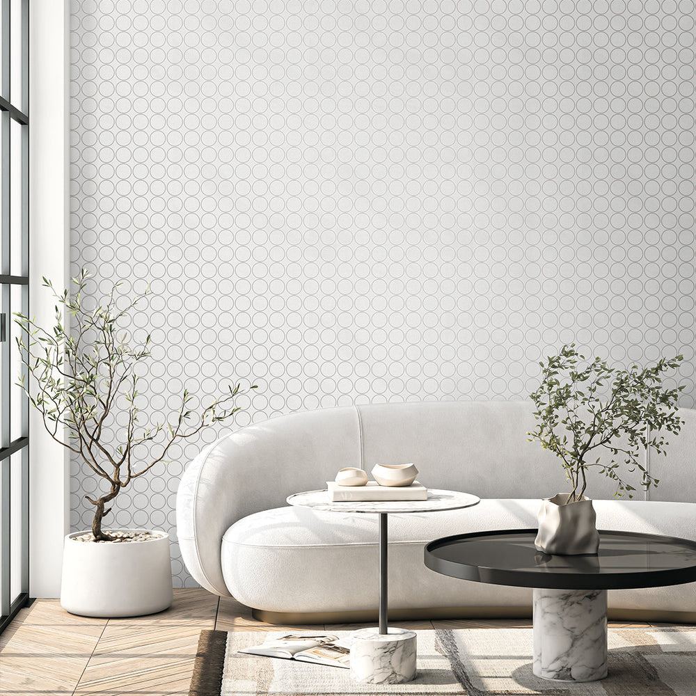Round Geometric Linen & Metallic Silver WH40505 by Seabrook Designs Designer Wallpaper