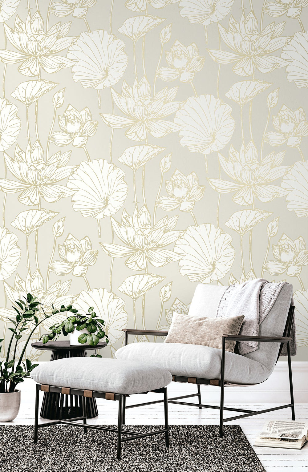 Viola Floral Neutral & Metallic Gold WH40706 by Seabrook Designs Designer Wallpaper