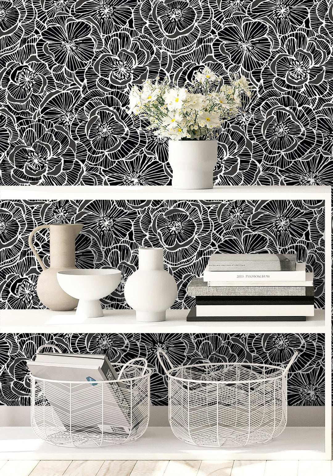 Alejandra Floral Metallic Charcoal & Black WH40800 by Seabrook Designs Designer Wallpaper