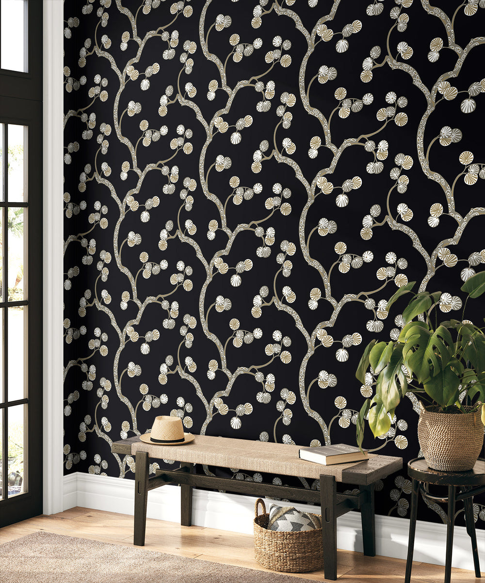 Allegra Branches Jet Black & Metallic Gold WH41005 by Seabrook Designs Designer Wallpaper