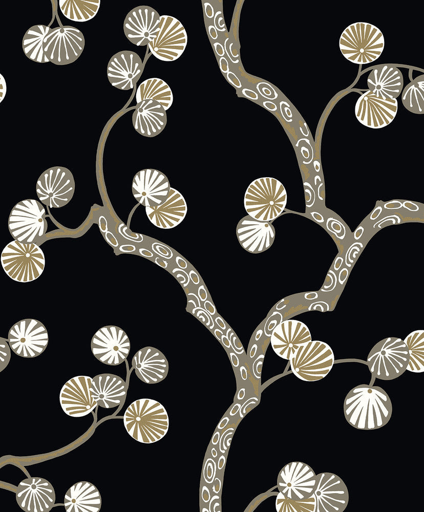Allegra Branches Jet Black & Metallic Gold WH41005 by Seabrook Designs Designer Wallpaper