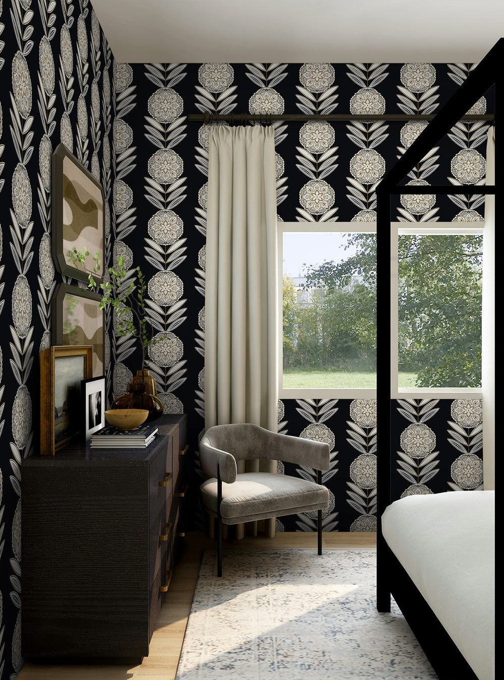 Belle Floral Stripe Black Tie & Metallic Gold WH41105 by Seabrook Designs Designer Wallpaper