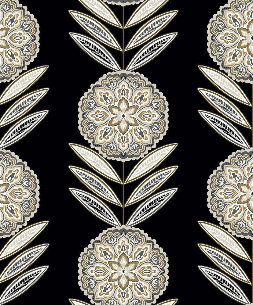Belle Floral Stripe Black Tie & Metallic Gold WH41105 by Seabrook Designs Designer Wallpaper