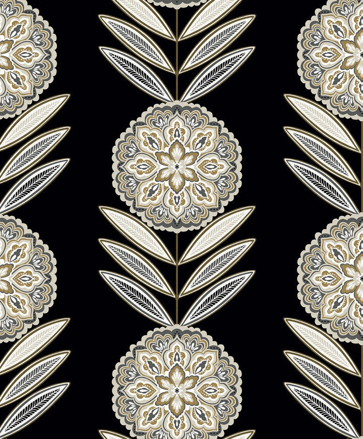 Belle Floral Stripe Black Tie & Metallic Gold WH41105 by Seabrook Designs Designer Wallpaper