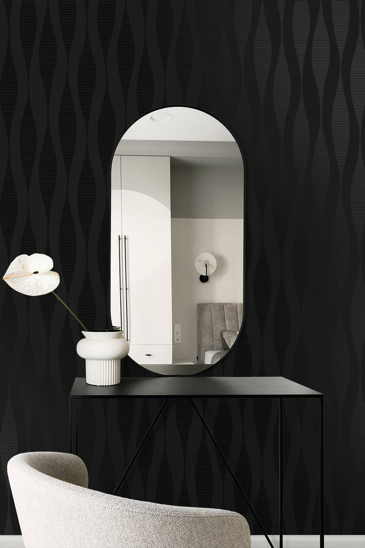 Harmony Ikat Waves Metallic Carbon WH41200 by Seabrook Designs Designer Wallpaper