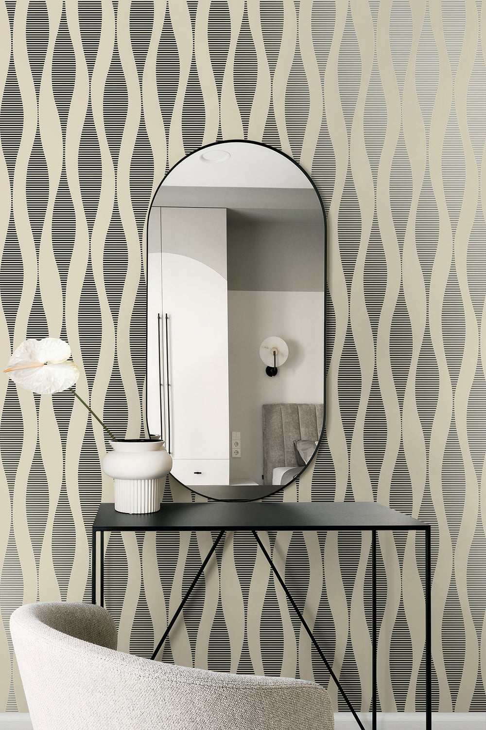 Harmony Ikat Waves Latte & Metallic Black WH41220 by Seabrook Designs Designer Wallpaper