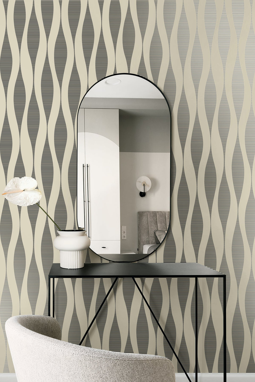 Harmony Ikat Waves Latte & Metallic Black WH41220 by Seabrook Designs Designer Wallpaper