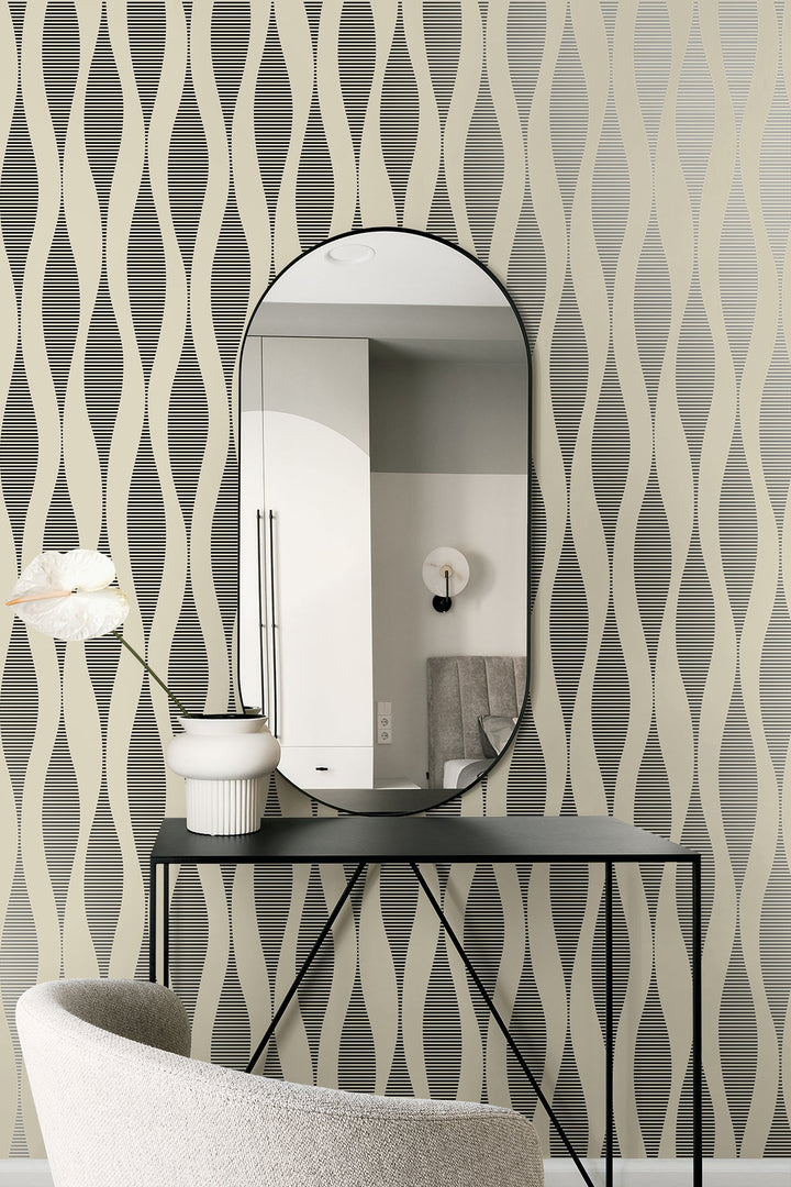 Harmony Ikat Waves Latte & Metallic Black WH41220 by Seabrook Designs Designer Wallpaper
