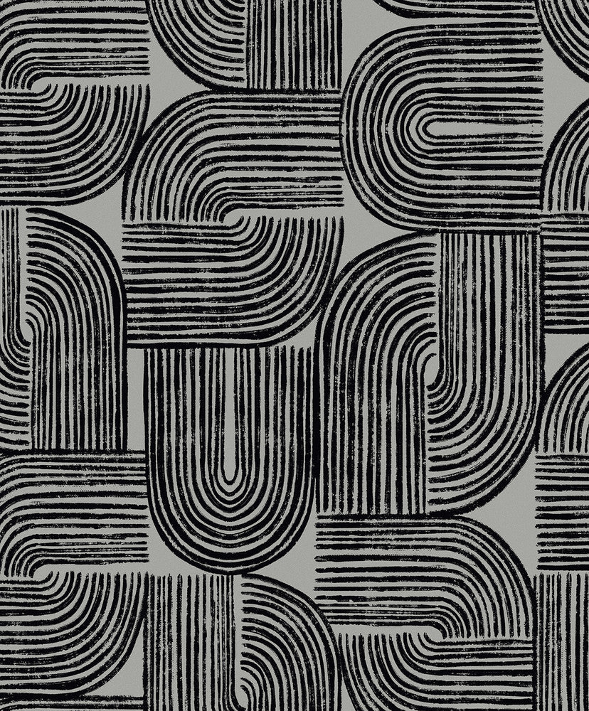 Piper Geometric Metallic Silver Sea & Black WH41300 by Seabrook Designs Designer Wallpaper
