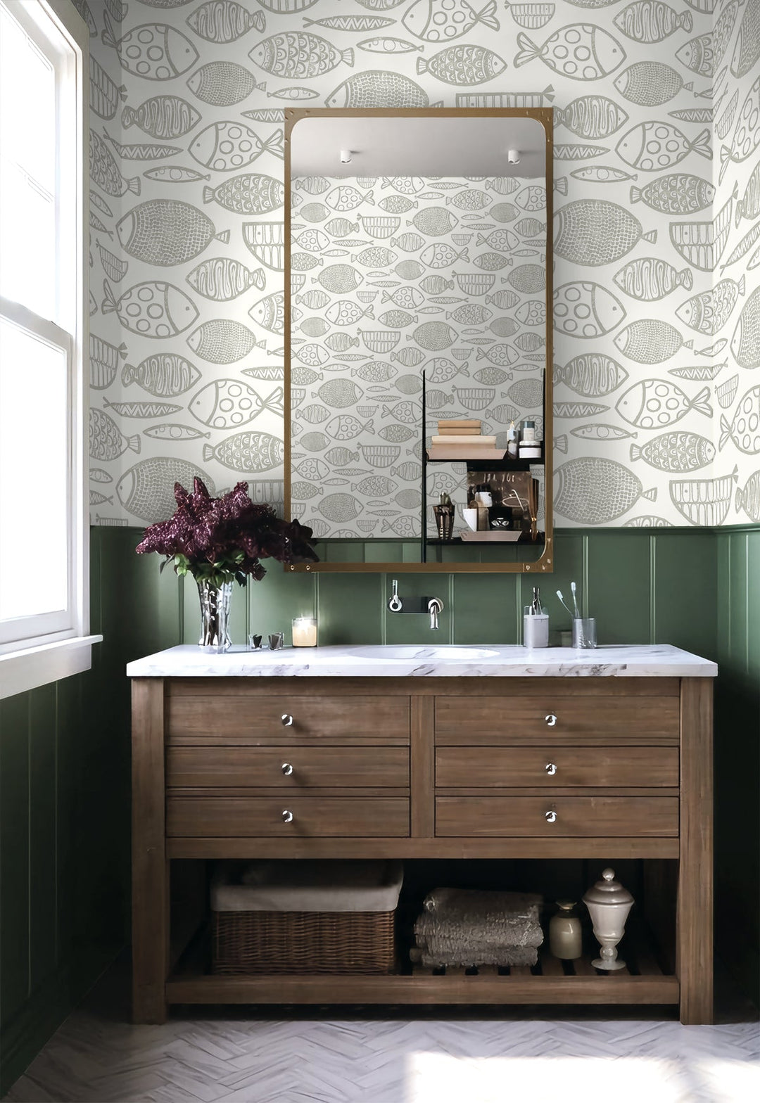 Cadence Fish Lily Grey WH41410 by Seabrook Designs Designer Wallpaper