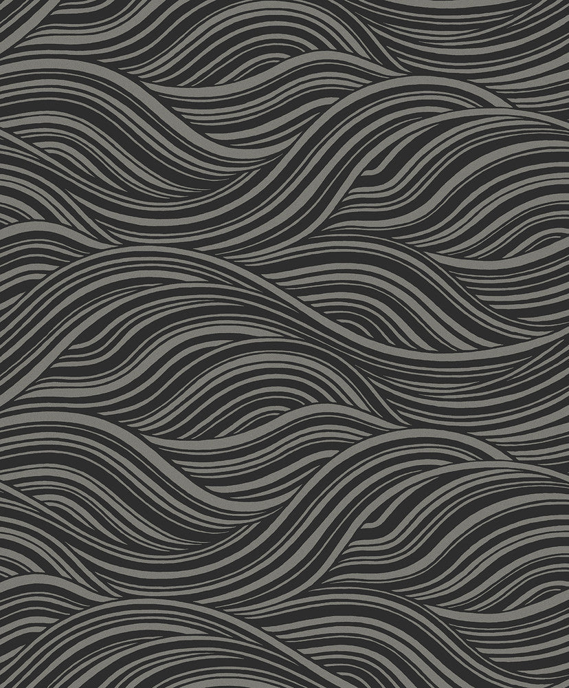 Melody Waves Metallic Charcoal & Black WH41700 by Seabrook Designs Designer Wallpaper
