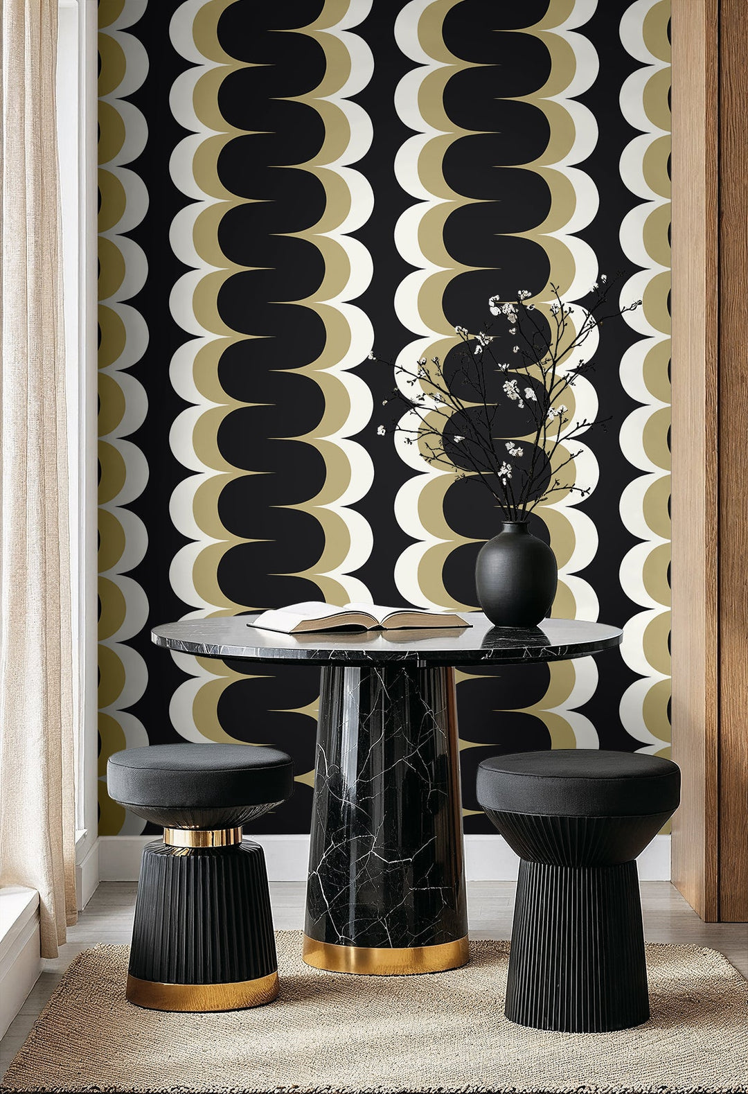 Mandolin Geometric Stripe Black & Metallic Golden Straw WH42005 by Seabrook Designs Designer Wallpaper
