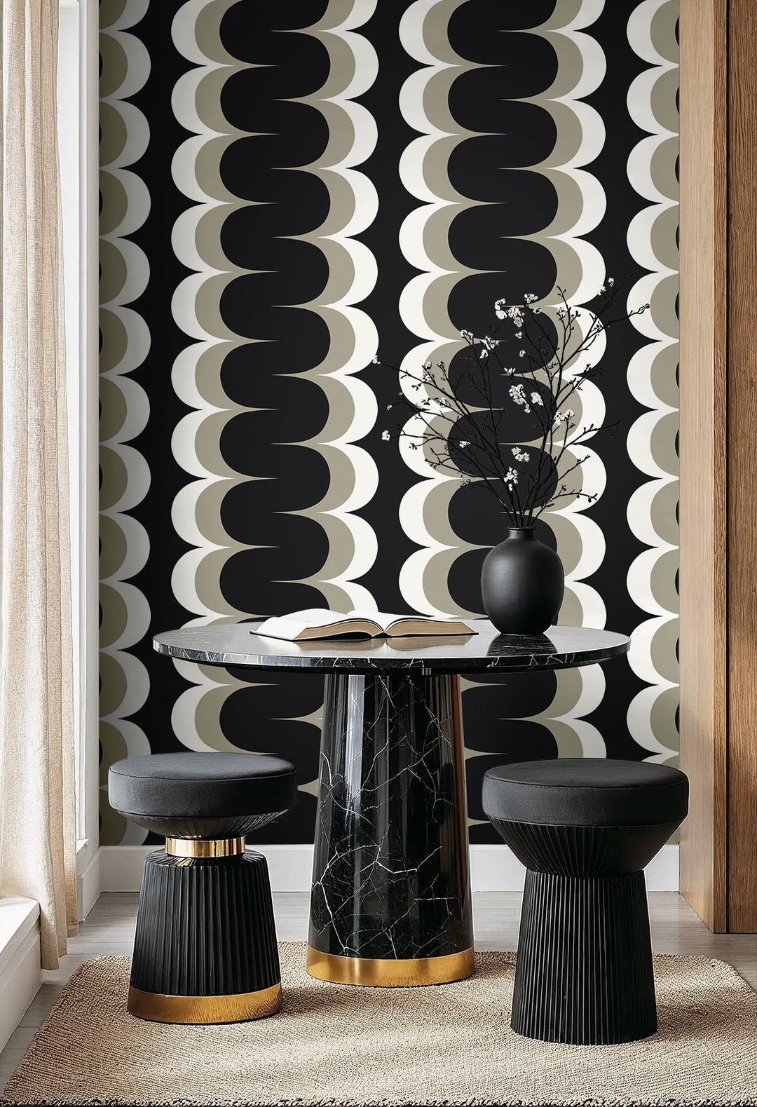 Mandolin Geometric Stripe Onyx & Metallic Stone WH42008 by Seabrook Designs Designer Wallpaper