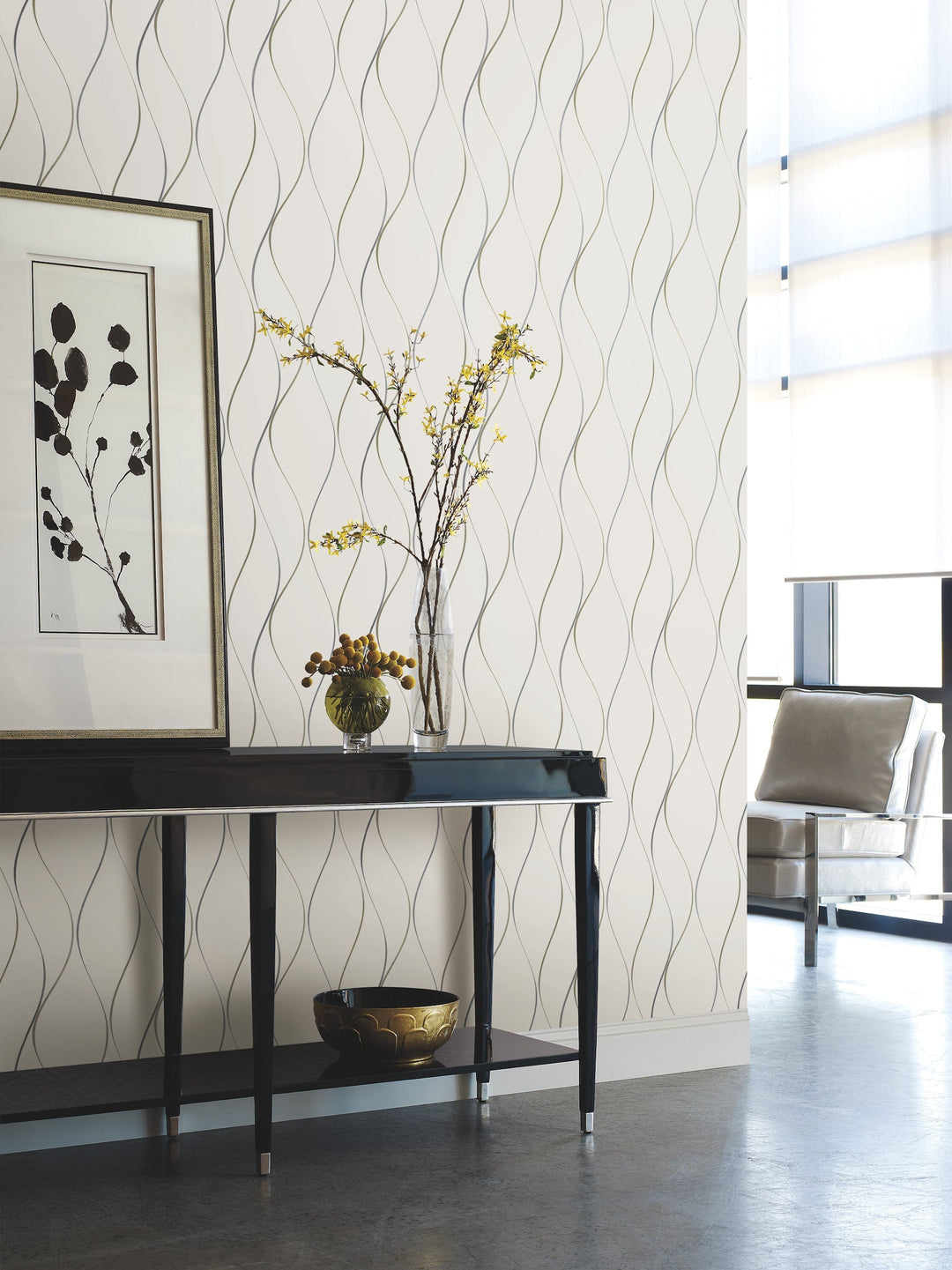 Wavy Stripe Off White & Silver Metallic Wallpaper by Antonina Vella Designer