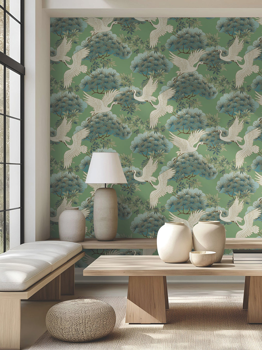 Sprig & Heron Green Wallpaper by Ronald Redding Designer