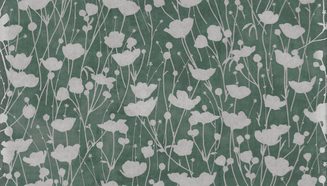Shimmering Poppies Green & Silver Wallpaper by Ronald Redding Designer