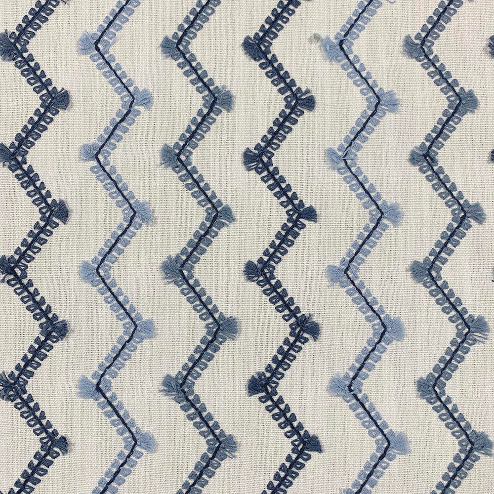 Zag Bluesy by Magnolia Designer Fabric - Base: 100% Polyester Emb: 100% Cotton India 5000 Horizontal: 4.50" and Vertical: 2" 53" - Swanky Fabrics -