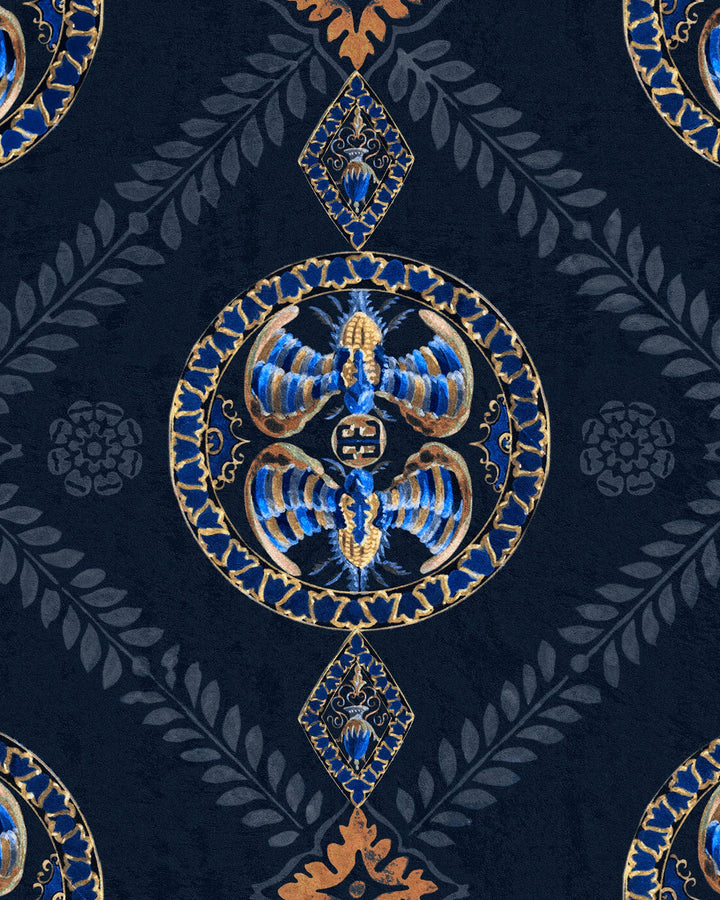 ABEILLE DECORATIF Indigo Wallpaper (WP20766) by Mind The Gap | WP20766 | ORIENT EXPRESS | 1 roll x 52x900 cm / 20.47x354.33in | 0.52m / 20.5in | 9m / 354in | 4.68sqm / 50sq ft | 52cm / 20.5in | Gold, Grey, Indigo | Non-woven Textured | Paste the wall | 1-roll in a box | Fabric Carolina | https://www.fabriccarolina.com/