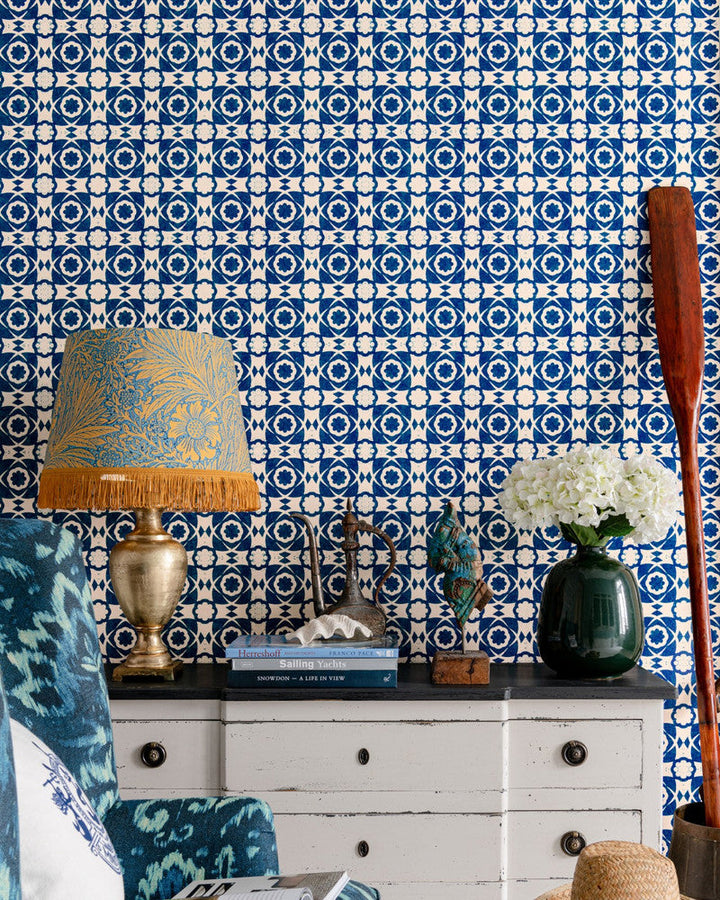 Aegean Tiles Indigo Wallpaper by Mind the Gap Designer Wallpaper SUNDANCE VILLA Satin Matte Made in Europe Paste the wall 1 roll x 20.5 x 10.9 yards - Swanky Fabrics -