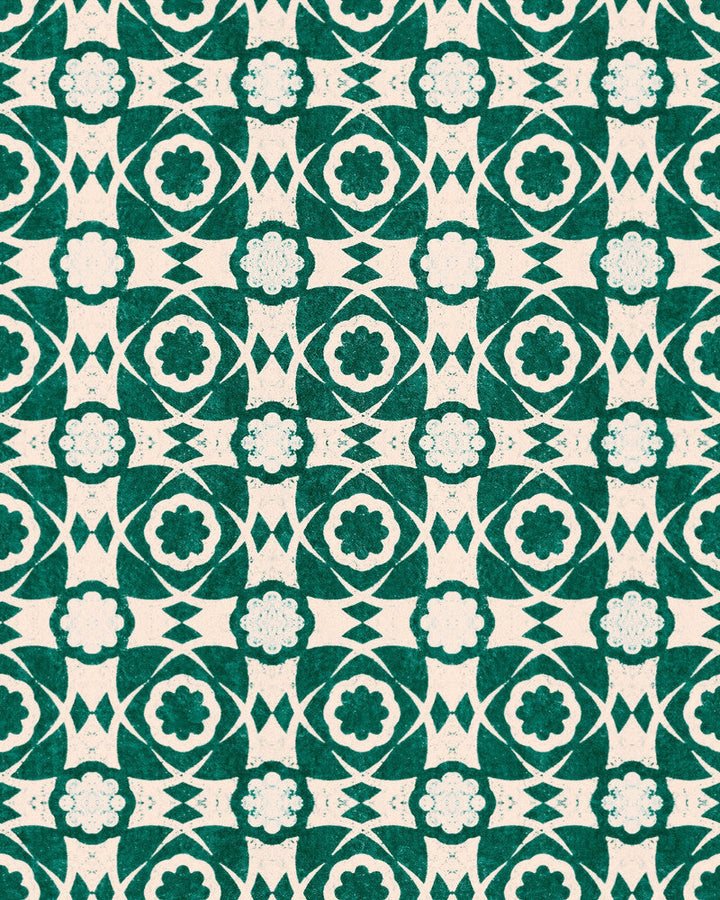 Aegean Tiles Ultramarine Green Wallpaper by Mind the Gap Designer Wallpaper SUNDANCE VILLA Satin Matte Made in Europe Paste the wall 1 roll x 20.5 x 10.9 yards - Swanky Fabrics -