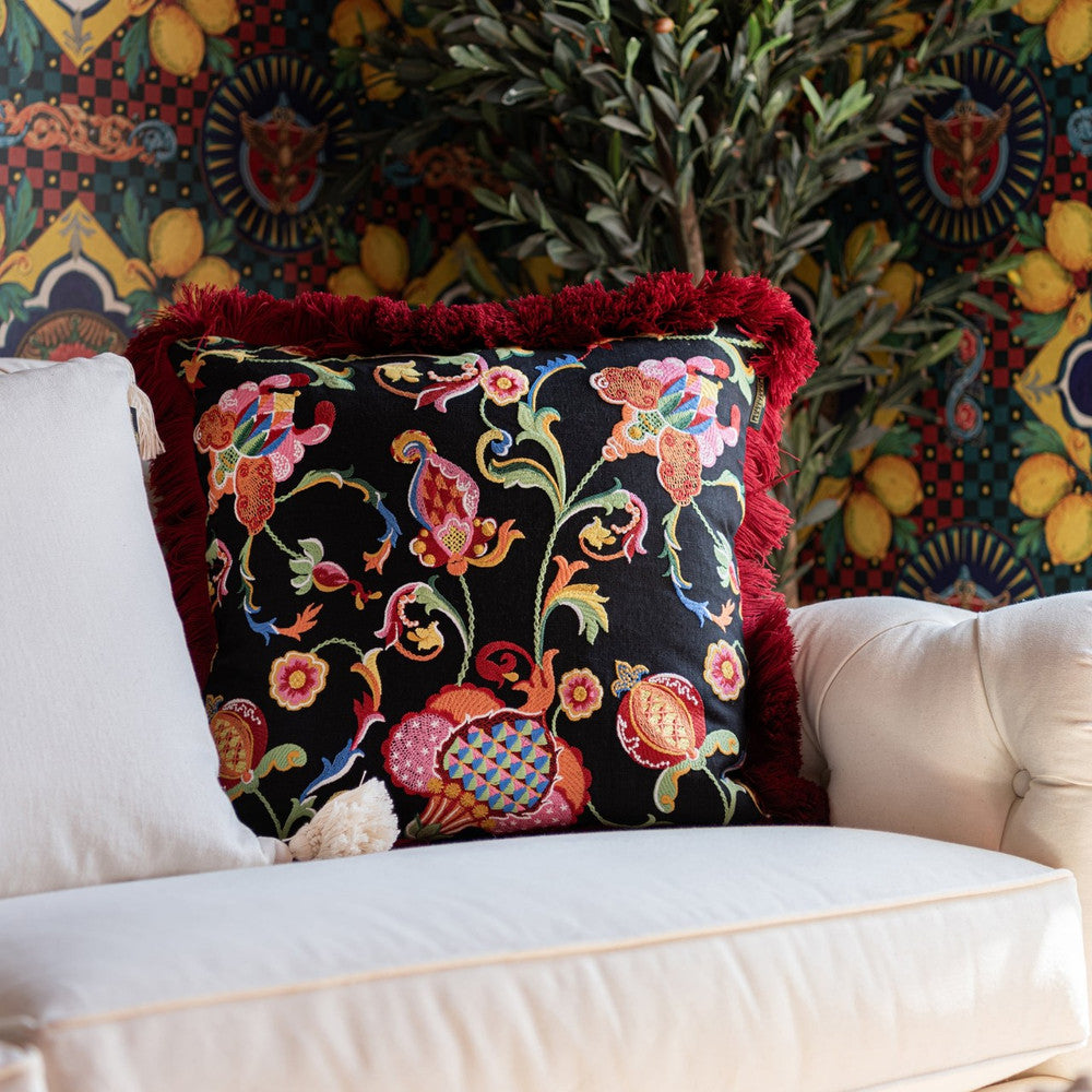 Mind The Gap Pillows AL FRESCO Embroidered Cushion (LC40254) | LC40254 | LA DOLCE VITA | 20 x 20 in | Black, Green, Pink, Yellow | Fabric Carolina | https://www.fabriccarolina.com/