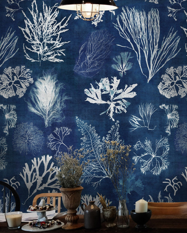 Mind The Gap Wallpaper ALGAE Navy Blue Wallpaper (WP20297) | WP20297 | THE WALLPAPER COLLECTABLES | 3 rolls x 20.5 x 118.1 in | 0.52m / 20.5in | 3m / 118in | 4.65mp | 300cm / 118in | Blue, White | Textured Matte | Paste the wall | 3-rolls in a box | Fabric Carolina | https://www.fabriccarolina.com/