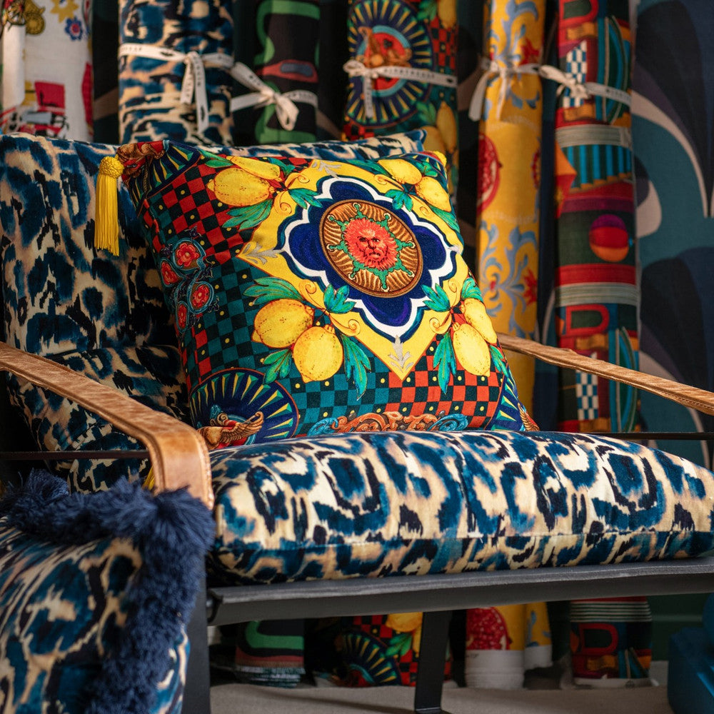 Mind The Gap Pillows AMALFI Blue Velvet Cushion (LC40213) | LC40213 | LA DOLCE VITA | 20 x 20 in | Black, Blue, Brown, Green, Red, Turquoise, Yellow | Fabric Carolina | https://www.fabriccarolina.com/