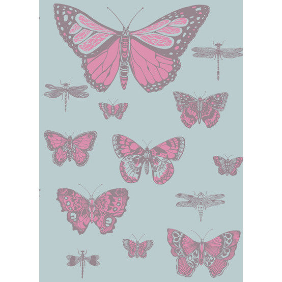 Cole & Son Wallpaper Butterflies & Dragonflies Pink On Blue