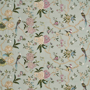 G P & J Baker Fabric Oriental Bird Embroidery Silk Aqua/Multi