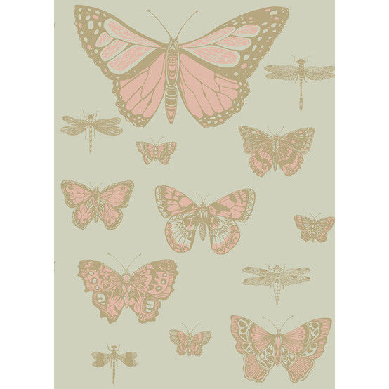 Cole & Son Wallpaper Butterflies & Dragonflies Pink On Oliv