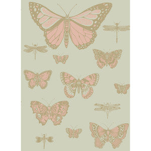 Cole & Son Wallpaper Butterflies & Dragonflies Pink On Oliv