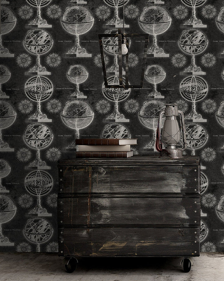 Mind The Gap Wallpaper ARMILLARY Anthracite Premium Wallpaper (WP20030) | WP20030 | WALLPAPER DESIGNER COLLECTION | 3 rolls x 20.5 x 118.1 in | 0.52m / 20.5in | 3m / 118in | 4.65mp | 70cm / 27.6in | Anthracite, Black, White | Non-woven | Paste the wall | 3-rolls in a box | Fabric Carolina | https://www.fabriccarolina.com/