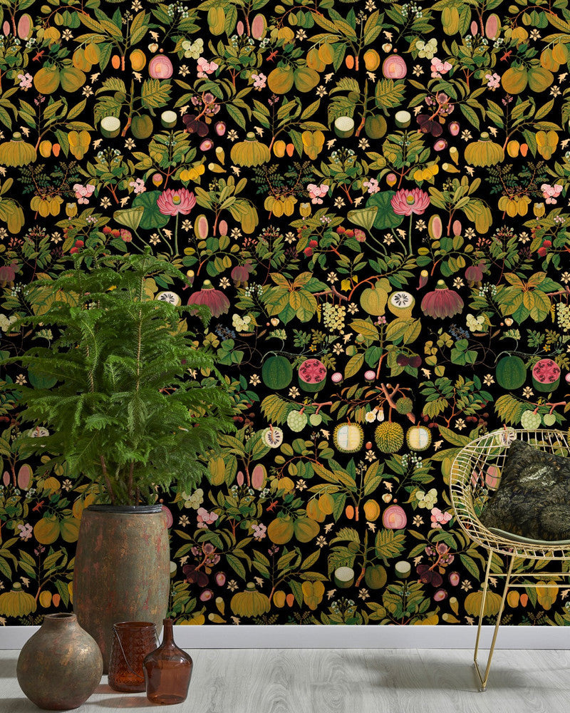 Mind The Gap Wallpaper ASIAN FRUITS AND FLOWERS Anthracite Wallpaper (WP20314) | WP20314 | THE WALLPAPER COLLECTABLES | 3 rolls x 20.5 x 118.1 in | 0.52m / 20.5in | 3m / 118in | 4.65mp | 100cm / 39.3in | Black, Green, Pink | Textured Matte | Paste the wall | 3-rolls in a box | Fabric Carolina | https://www.fabriccarolina.com/