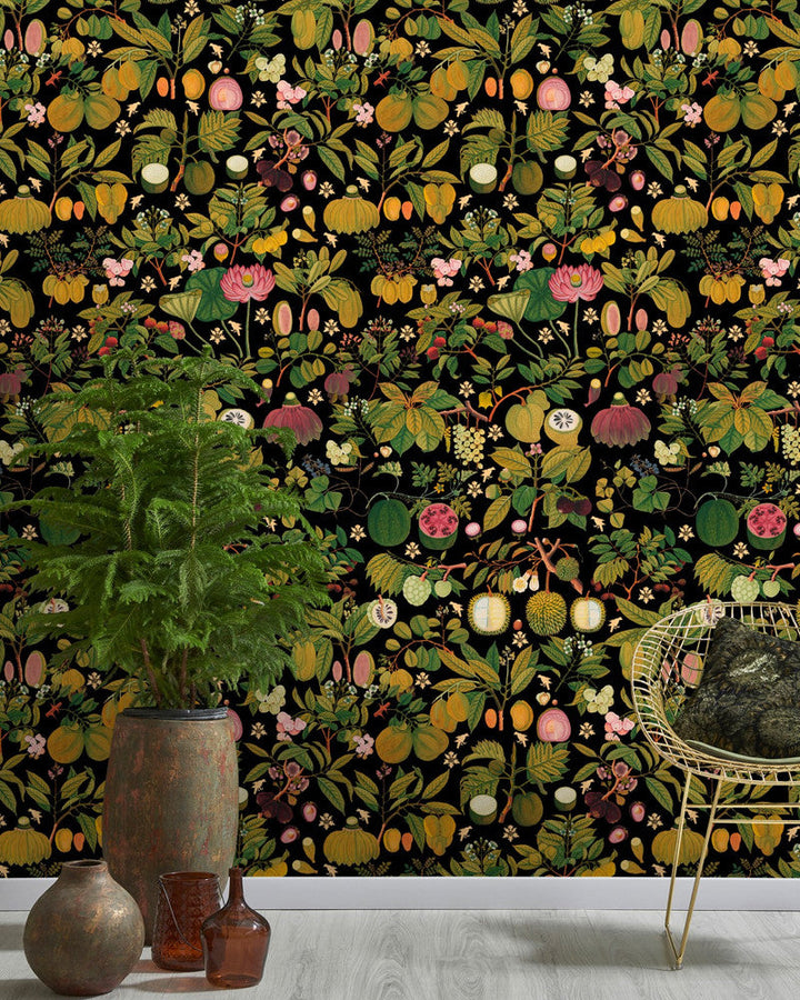 Asian Fruits And Flowers Anthracite Wallpaper by Mind the Gap Designer Wallpaper THE WALLPAPER COLLECTABLES Textured Matte Made in Europe Paste the wall 3 rolls x 20.5 x 3.25 yards - Swanky Fabrics -