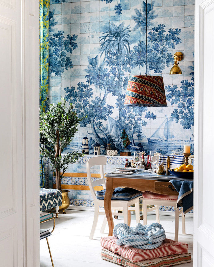 Mind The Gap Wallpaper AZURE Mural Wallpaper (WP20560) | WP20560 | SUNDANCE VILLA | 3 rolls x 20.5 x 118.1 in | 0.52m / 20.5in | 3m / 118in | 4.65mp | 300cm / 118in | Blue, White, Yellow | Textured Matte | Paste the wall | 3-rolls in a box | Fabric Carolina | https://www.fabriccarolina.com/