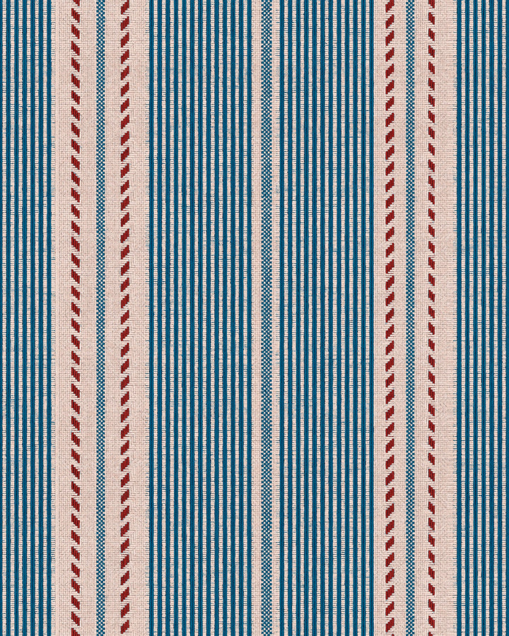 BERBER STRIPES Blue Wallpaper (WP20757) by Mind The Gap | WP20757 | TALES OF MAGHREB | 1 roll x 52x900 cm / 20.47x354.33in | 0.52m / 20.5in | 9m / 354in | 4.68sqm / 50sq ft | 52cm / 20.5in | Taupe, Blue, Red | Non-woven Textured | Paste the wall | 1-roll in a box | Fabric Carolina | https://www.fabriccarolina.com/