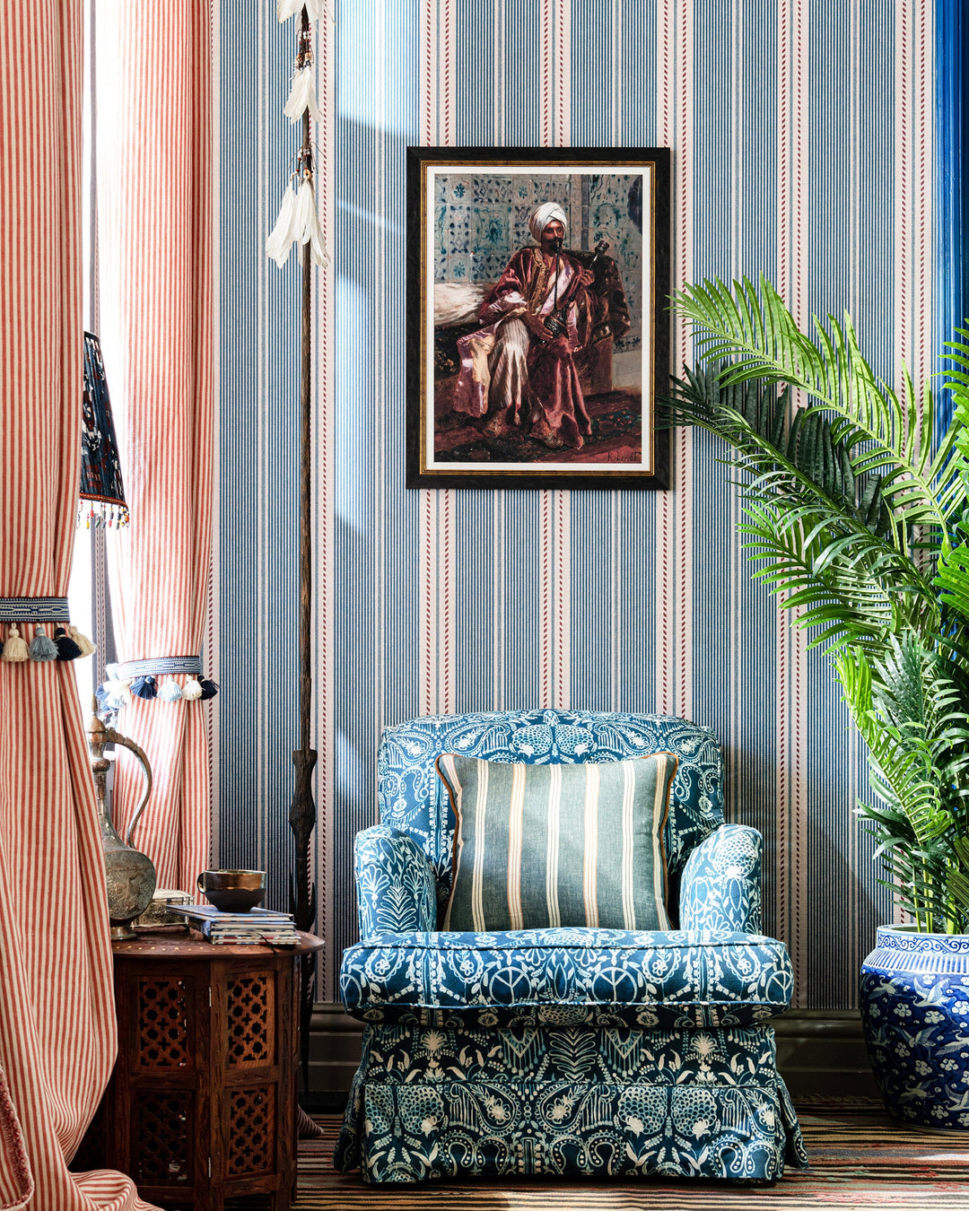 BERBER STRIPES Blue Wallpaper (WP20757) by Mind The Gap | WP20757 | TALES OF MAGHREB | 1 roll x 52x900 cm / 20.47x354.33in | 0.52m / 20.5in | 9m / 354in | 4.68sqm / 50sq ft | 52cm / 20.5in | Taupe, Blue, Red | Non-woven Textured | Paste the wall | 1-roll in a box | Fabric Carolina | https://www.fabriccarolina.com/