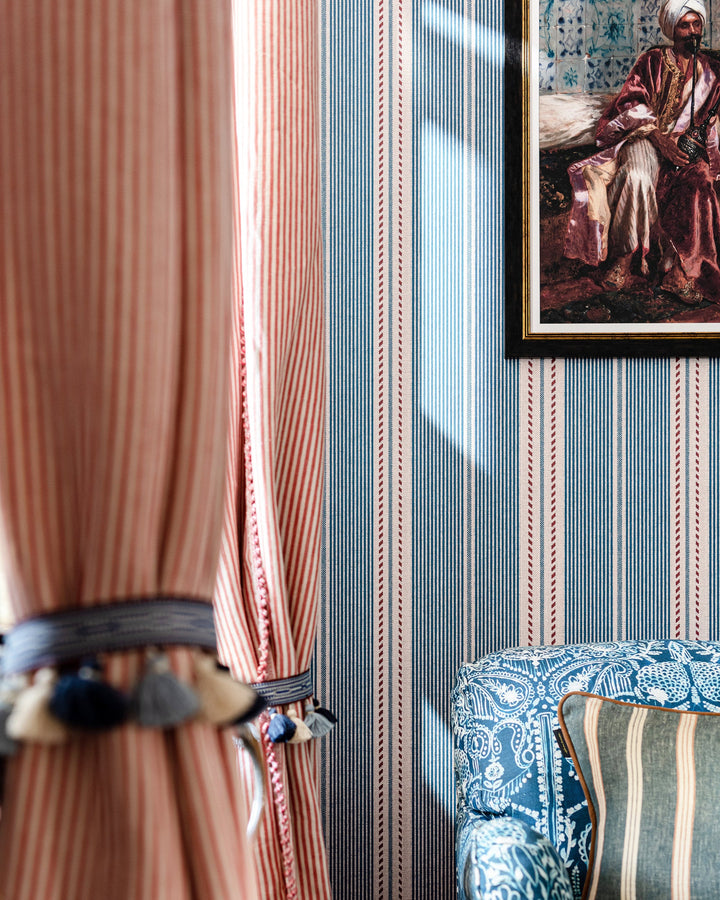 BERBER STRIPES Rouge Wallpaper (WP20756) by Mind The Gap | WP20756 | TALES OF MAGHREB | 1 roll x 52x900 cm / 20.47x354.33in | 0.52m / 20.5in | 9m / 354in | 4.68sqm / 50sq ft | 52cm / 20.5in | Taupe, Orange | Non-woven Textured | Paste the wall | 1-roll in a box | Fabric Carolina | https://www.fabriccarolina.com/
