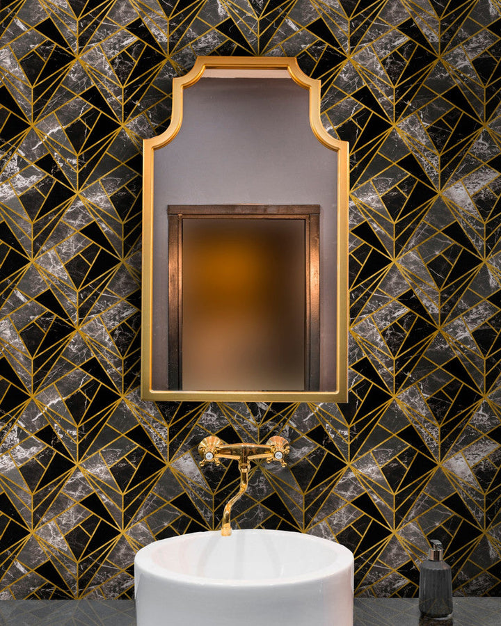 Mind The Gap Wallpaper NEO Onyx Wallpaper (WP20350) | WP20350 | THE WALLPAPER COLLECTABLES | 3 rolls x 20.5 x 118.1 in | 0.52m / 20.5in | 3m / 118in | 4.65mp | 52cm / 20.5in | Black, Grey, Gold | Satin Matte | Paste the wall | 3-rolls in a box | Fabric Carolina | https://www.fabriccarolina.com/