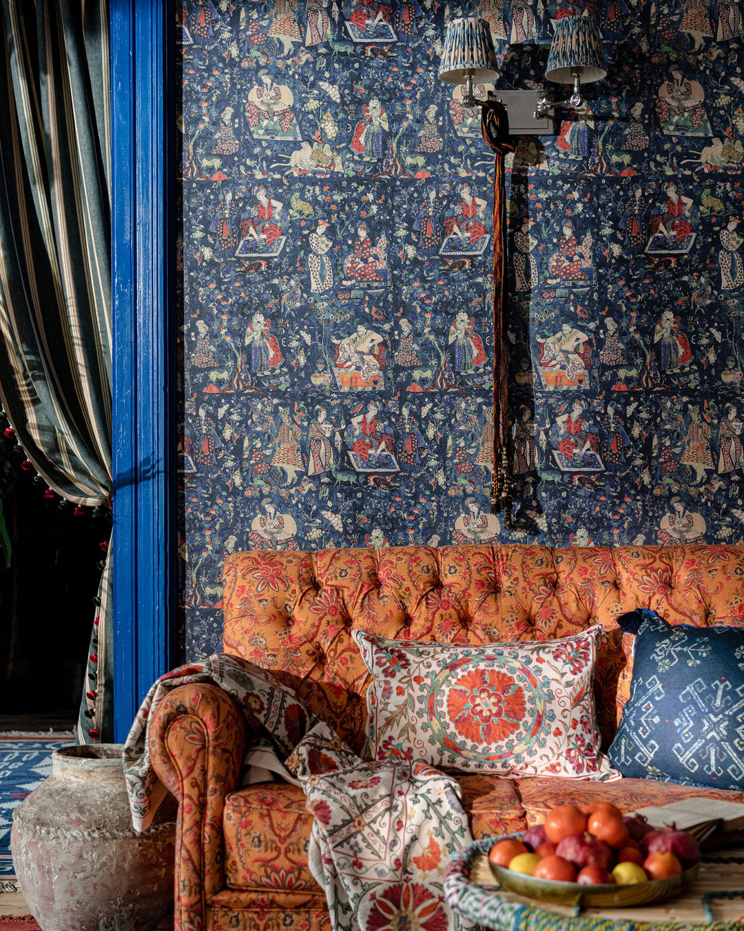 CARNIVAL OF MAGHREB Wallpaper (WP20743) by Mind The Gap | WP20743 | TALES OF MAGHREB | 1 roll x 52x900 cm / 20.47x354.33in | 0.52m / 20.5in | 9m / 354in | 4.68sqm / 50sq ft | 110cm / 43.3in | Taupe, Green, Red, Indigo | Non-woven Textured | Paste the wall | 1-roll in a box | Fabric Carolina | https://www.fabriccarolina.com/