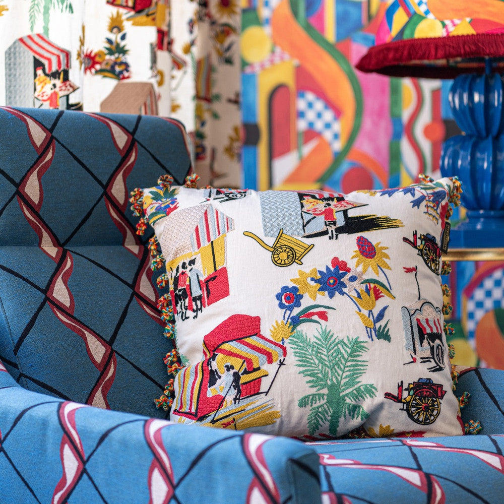 Mind The Gap Pillows CARRETTO DEL CIBO Embroidered Cushion (LC40257) | LC40257 | LA DOLCE VITA | 20 x 20 in | Blue, Cream, Green, Red, Turquoise, Yellow | Fabric Carolina | https://www.fabriccarolina.com/