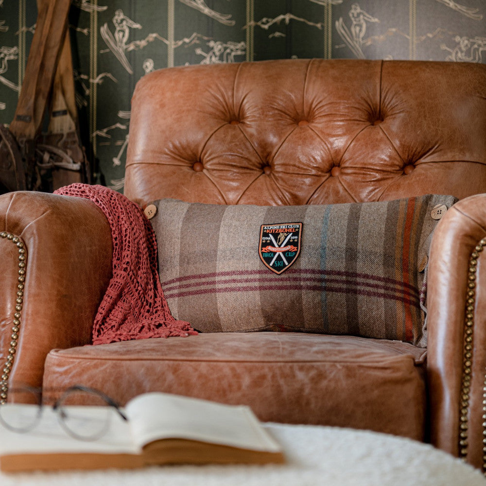 Chalet Plaid Cushion by Mind the Gap Designer Pillow TYROL APRES-SKI HOME COLLECTION 70% Wool, 15% Polyester, 15% other fibres Made in Romania Six decorative wooden buttons 20 x 12 in - Swanky Fabrics -