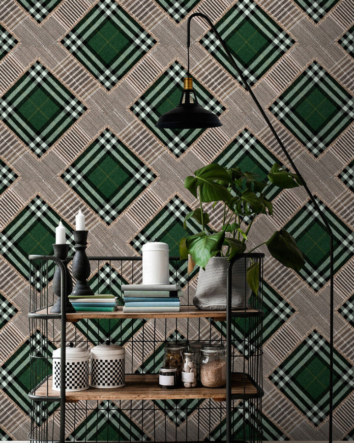 Mind The Gap Wallpaper CHECKERED PATCHWORK British Green Wallpaper (WP20389) | WP20389 | THE WALLPAPER COLLECTABLES | 3 rolls x 20.5 x 118.1 in | 0.52m / 20.5in | 3m / 118in | 4.65mp | 52cm / 20.5in | Black, Brown, Green | Textured Matte | Paste the wall | 3-rolls in a box | Fabric Carolina | https://www.fabriccarolina.com/