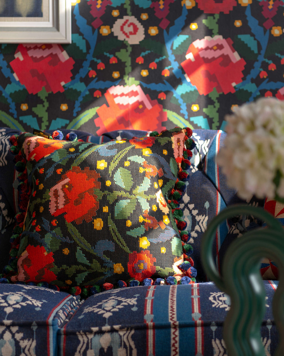 CLAUDINE cushion (LC40276) by Mind The Gap | LC40276 | TRANSYLVANIAN RHAPSODY | 50 x 50 cm / 20 x 20 in | Black, Blue, Green, Red | Fringes all around | Duck feather | 29% Cotton, 50% Acrylic, Other Fibers | Fabric Carolina | https://www.fabriccarolina.com/